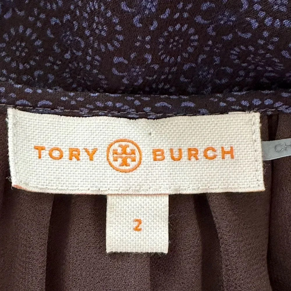 Tory Burch Lisa Blouse 100% Silk Medallion Printe Navy Keyhole Front Top Size 2